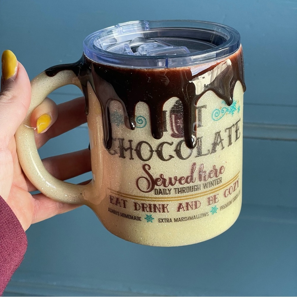 Christmas Holiday Hot Chocolate Cocoa served here‎ insulated mug cup handle gift